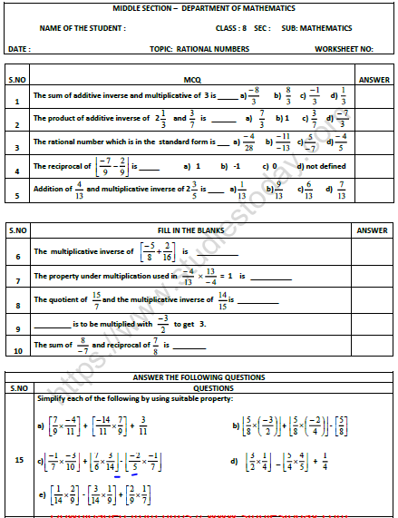 Rational Numbers Andhra Pradesh Board Free Worksheets